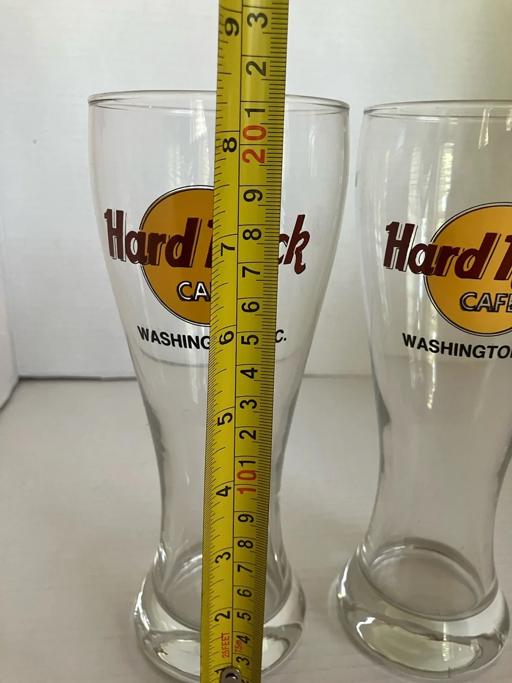 2 Hard Rock Cafe Clear Pint Glasses with Yellow and Brown Logo - Washington D.C.